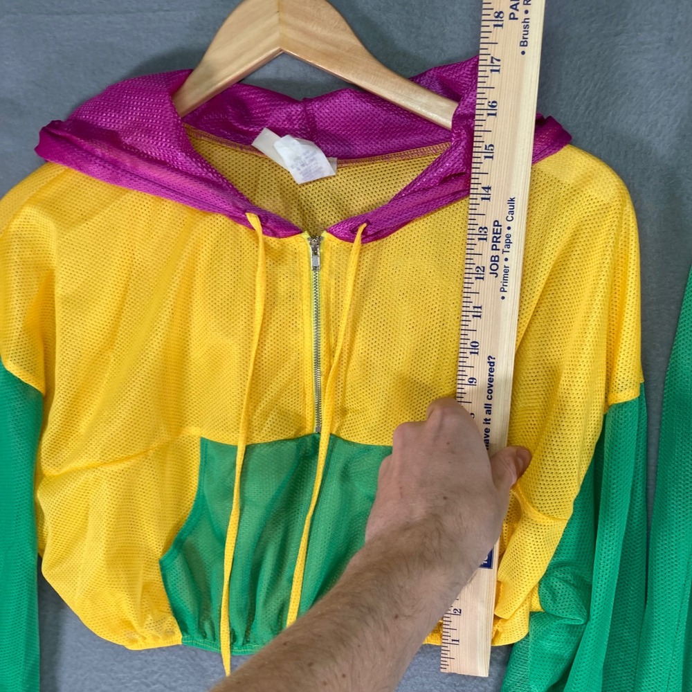 UO Yellow Green Pink Colorblock Mesh Cropped Zip Up Hoodie Pants Set L - Picture 3 of 14